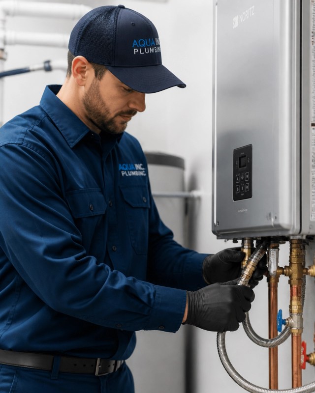 Professional technician performing a maintenance check on a tankless unit