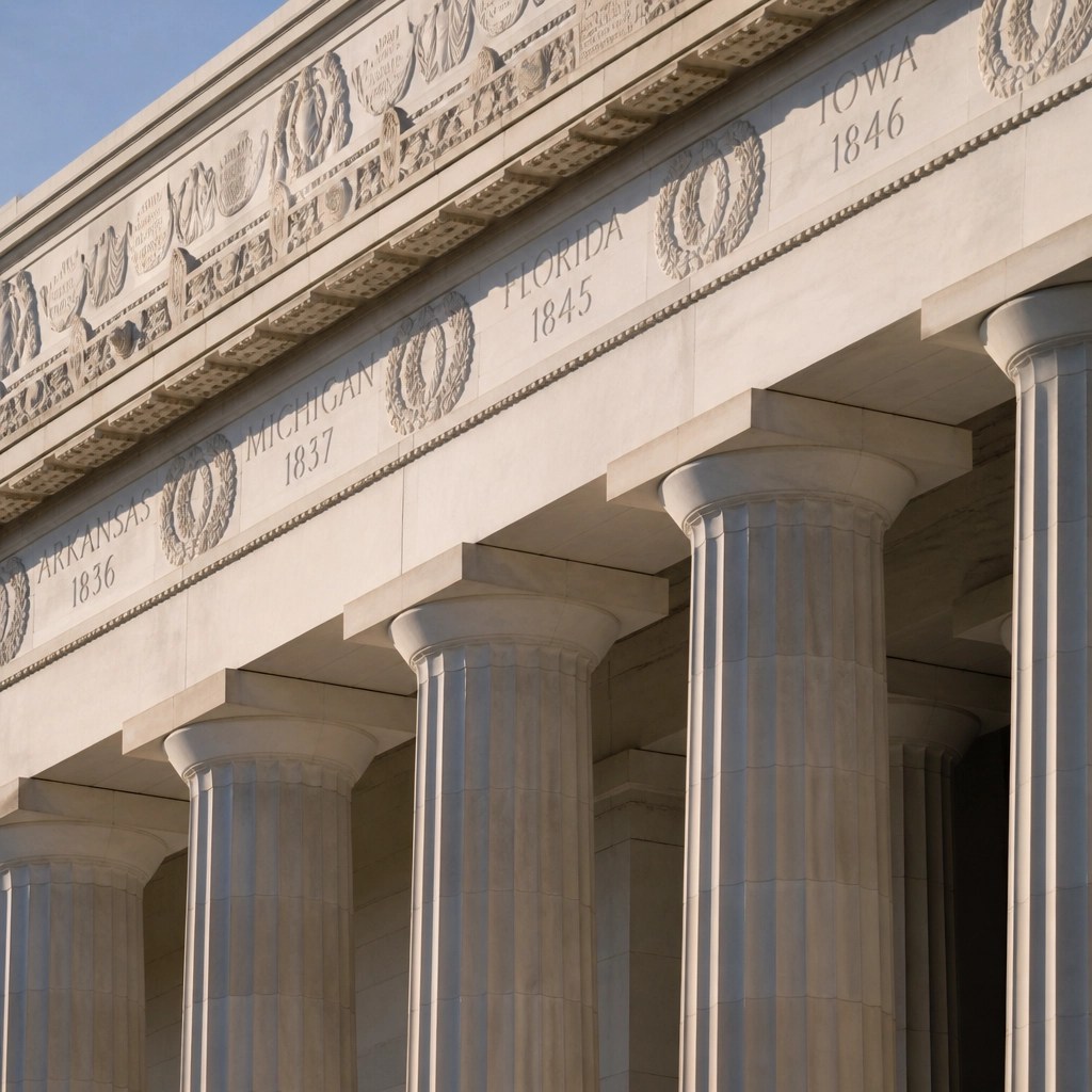 A close-up of the iconic marble columns at the Lincoln Memorial.