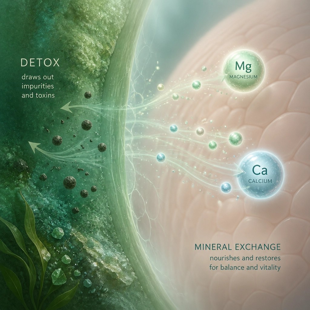 Abstract illustration of minerals exchanging between clay and skin