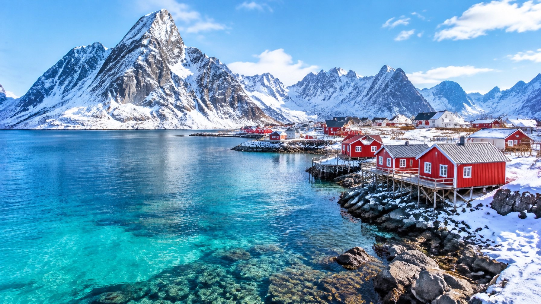 Dramatic snow-covered Lofoten peaks above turquoise water and traditional red fishing cabins