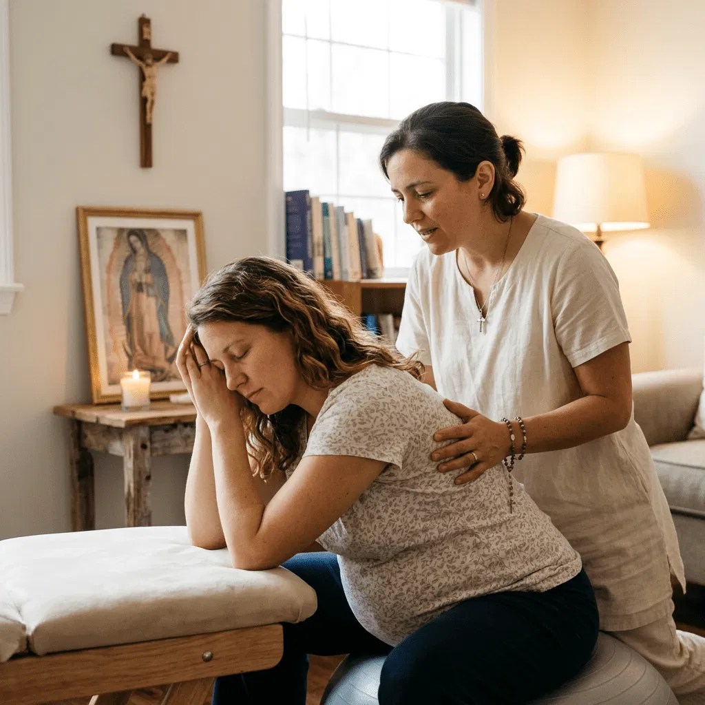 Una doula católica brindando apoyo físico y espiritual a una madre durante el trabajo de parto en un entorno lleno de fe
