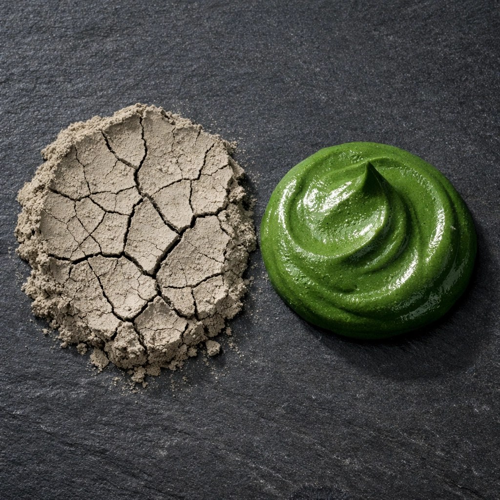 Comparison of drying bentonite clay texture and moist green healing clay on a slate background.