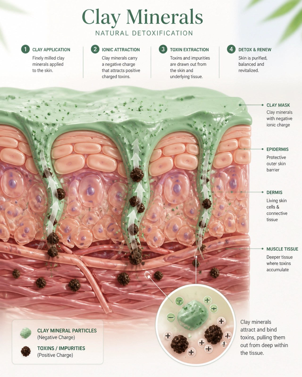 Illustration of clay minerals drawing toxins from muscle tissue