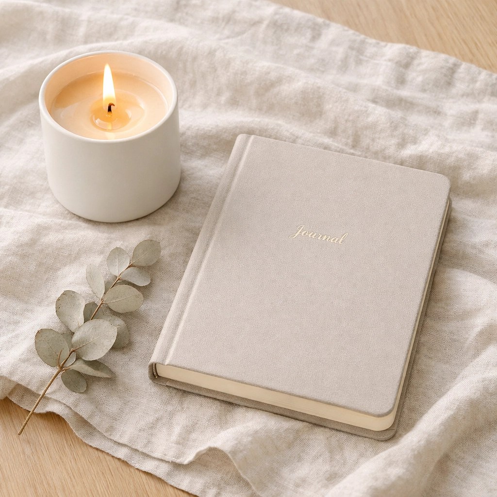 A peaceful quiet time setup with a white candle and luxury journal for Christian soul-care and reflection.