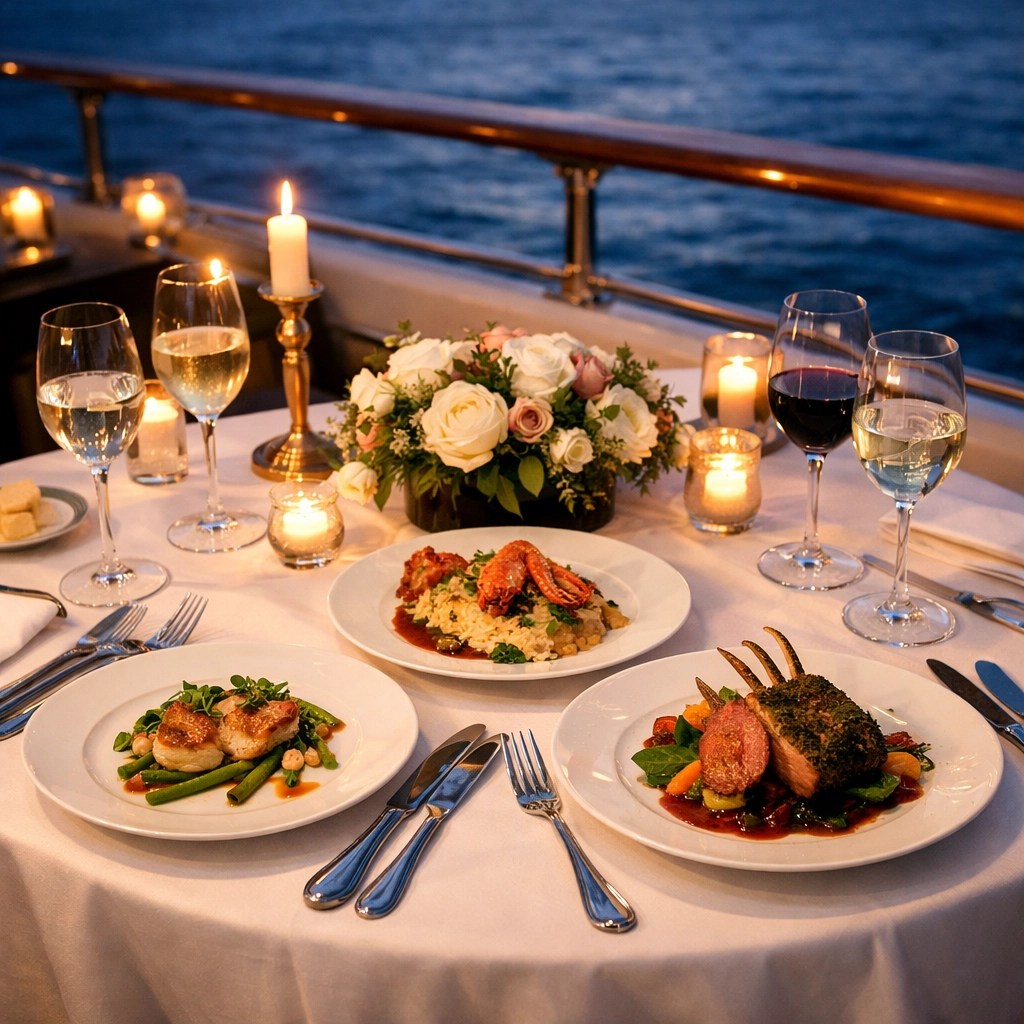 Elegant fine dining setup on ultra-luxury yacht deck at twilight