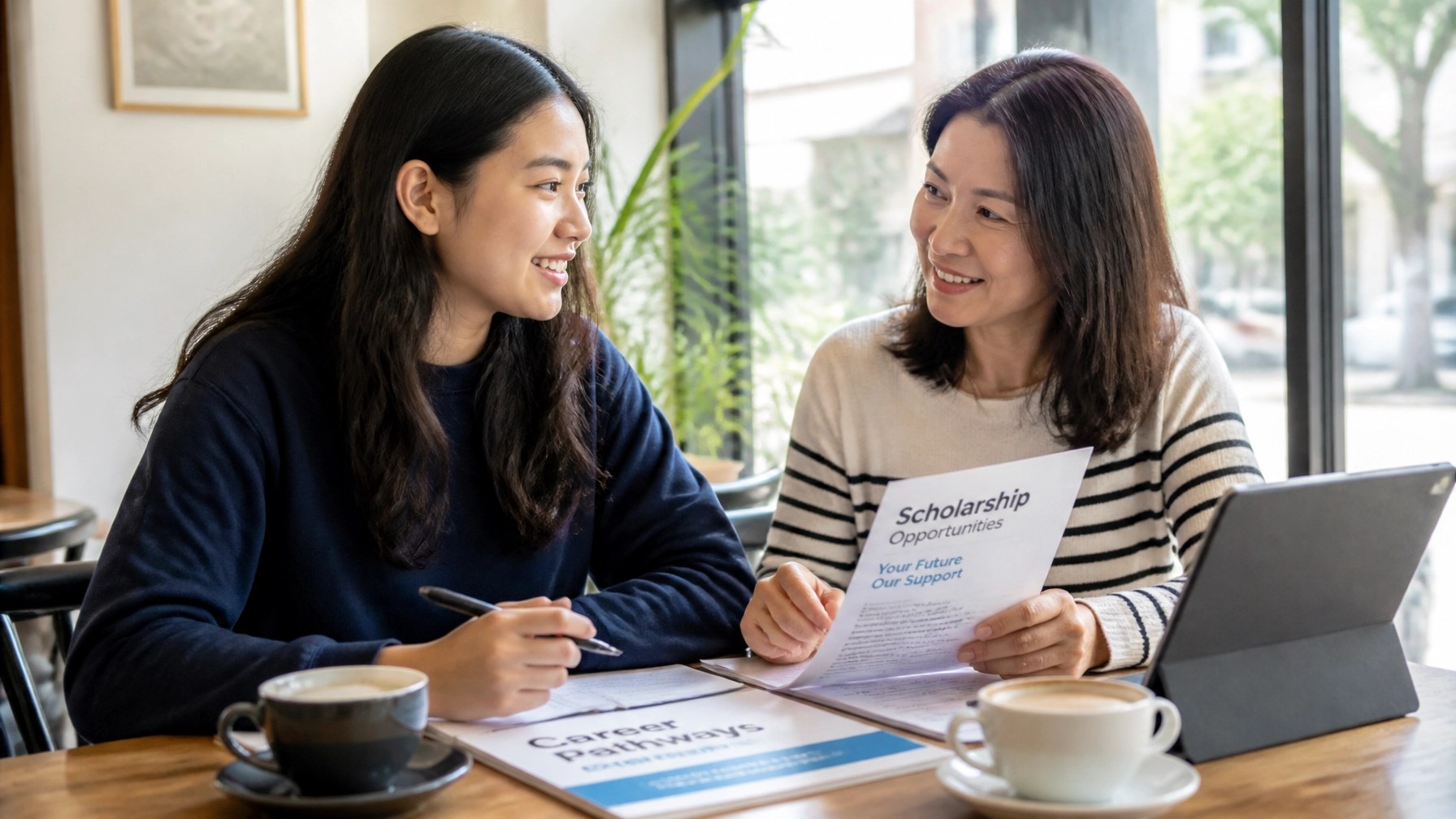 A high school student and a parent discussing scholarship applications and career pathways over coffee