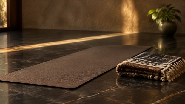 Empty yoga mat beside a folded blanket in a quiet onyx and muted-green room