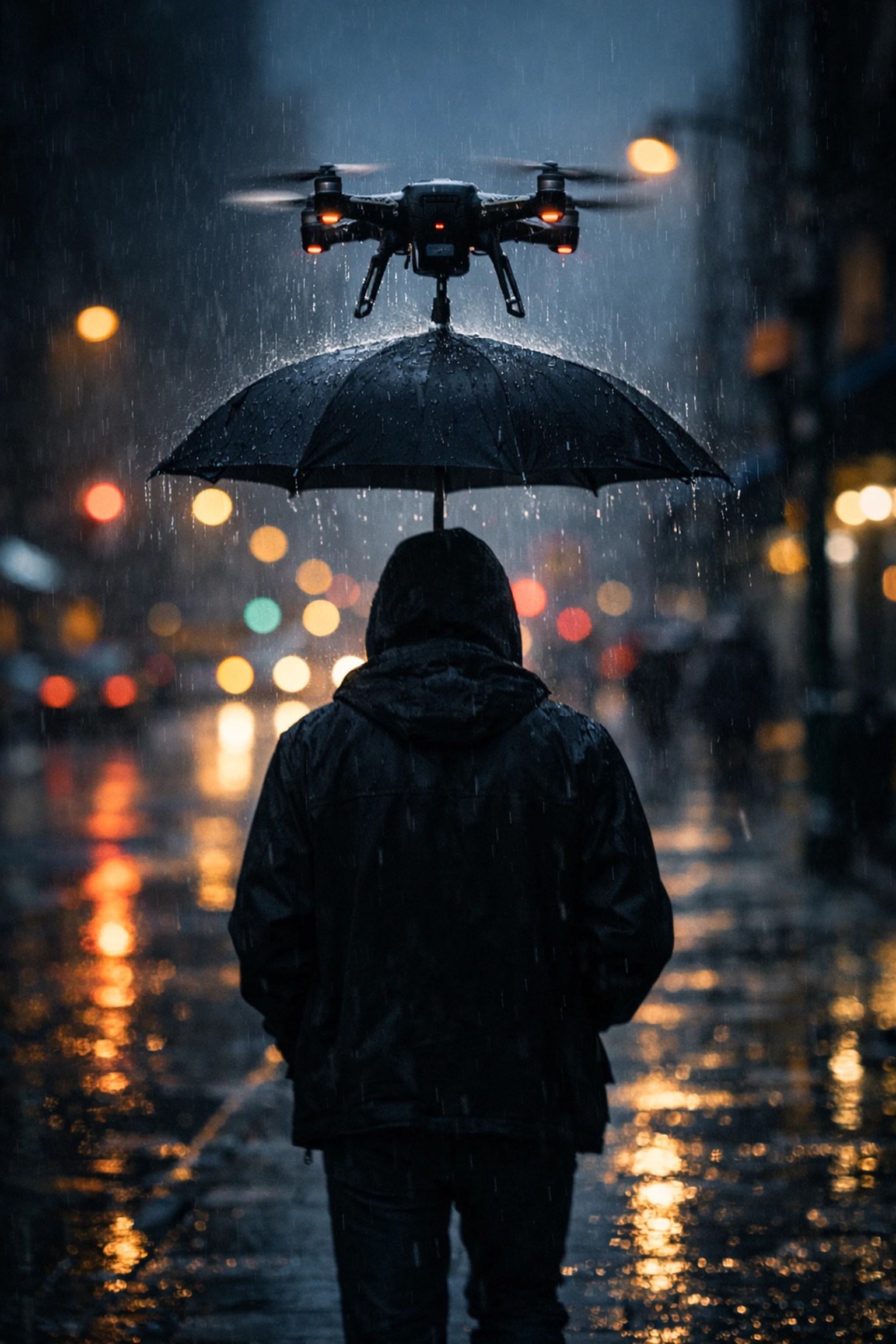 Autonomous drone umbrella hovering above person walking in rain on city street at night