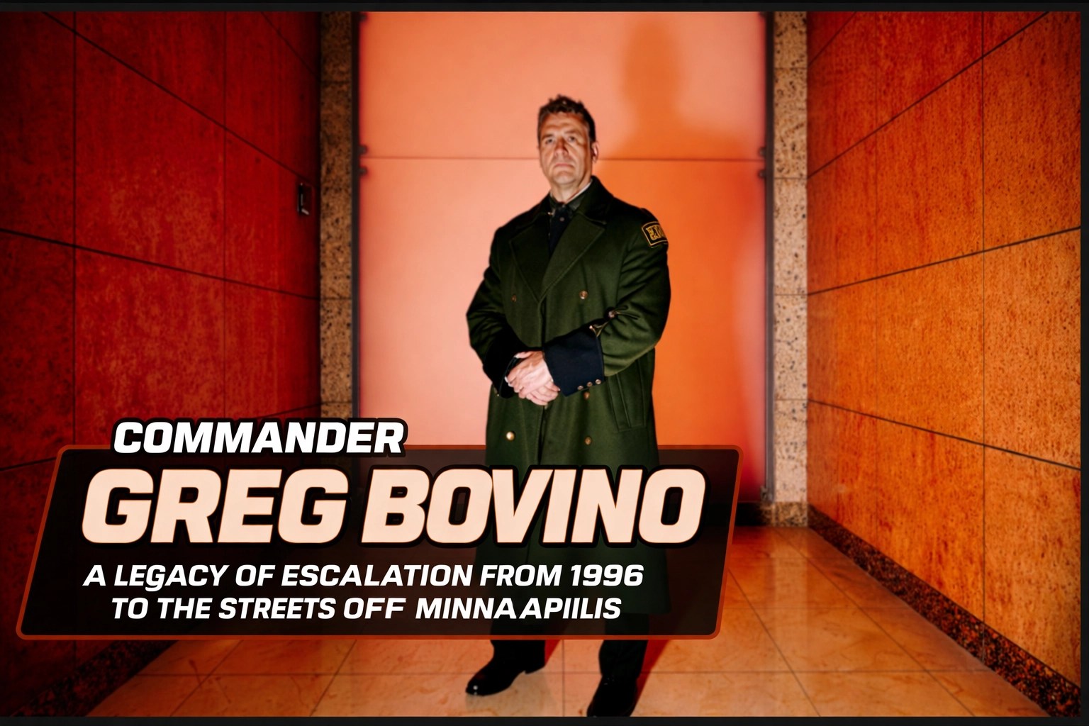 Greg Bovino, a middle-aged white man with a buzz cut, in green tactical Border Patrol gear and uniform, looking aggressive and authoritative