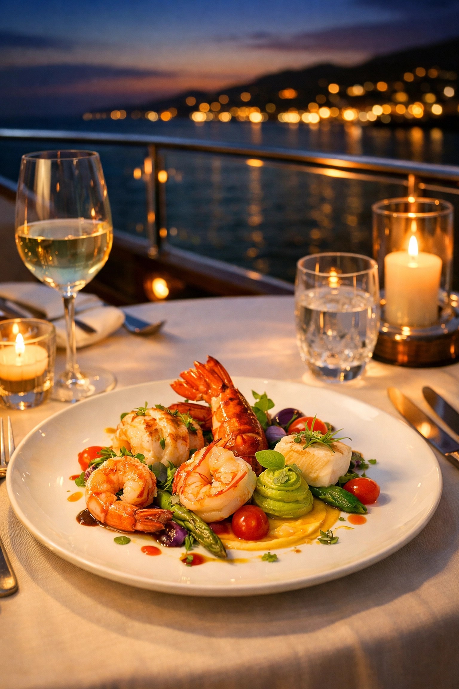 Gourmet seafood dining at an intimate open-air restaurant on a Ritz-Carlton luxury yacht deck at sunset.