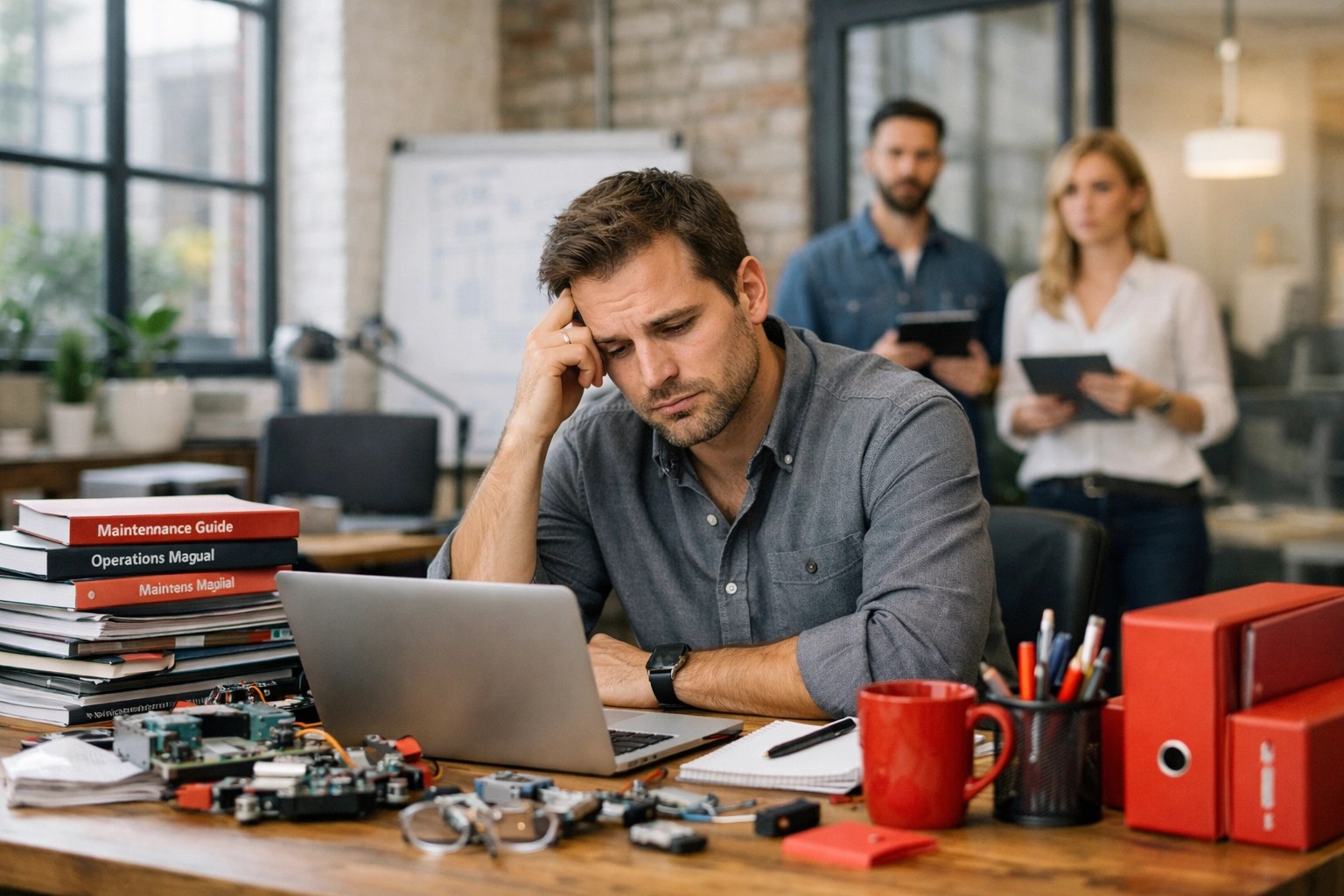 Overwhelmed front-line manager at a cluttered desk illustrating operational bottlenecks and delegation struggles.