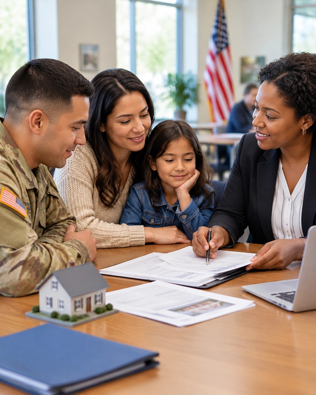 A veteran family reviews homebuying paperwork with a housing professional