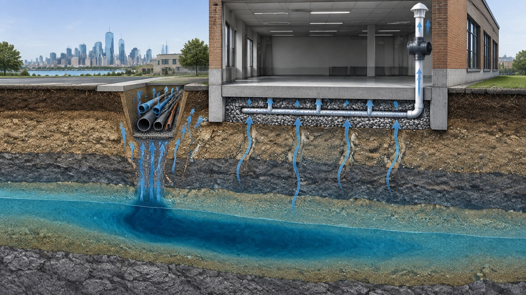 Technical cutaway showing vapor migration from contaminated soil and groundwater into a building with sub-slab depressurization