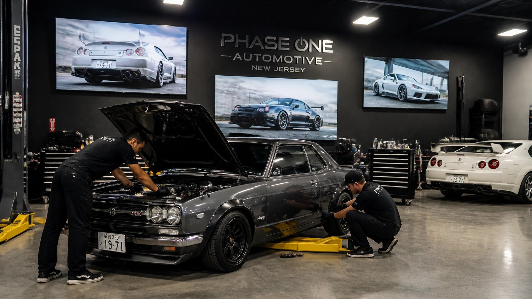 Inside a modern New Jersey tuning shop showing AI-rendered car builds on large screens