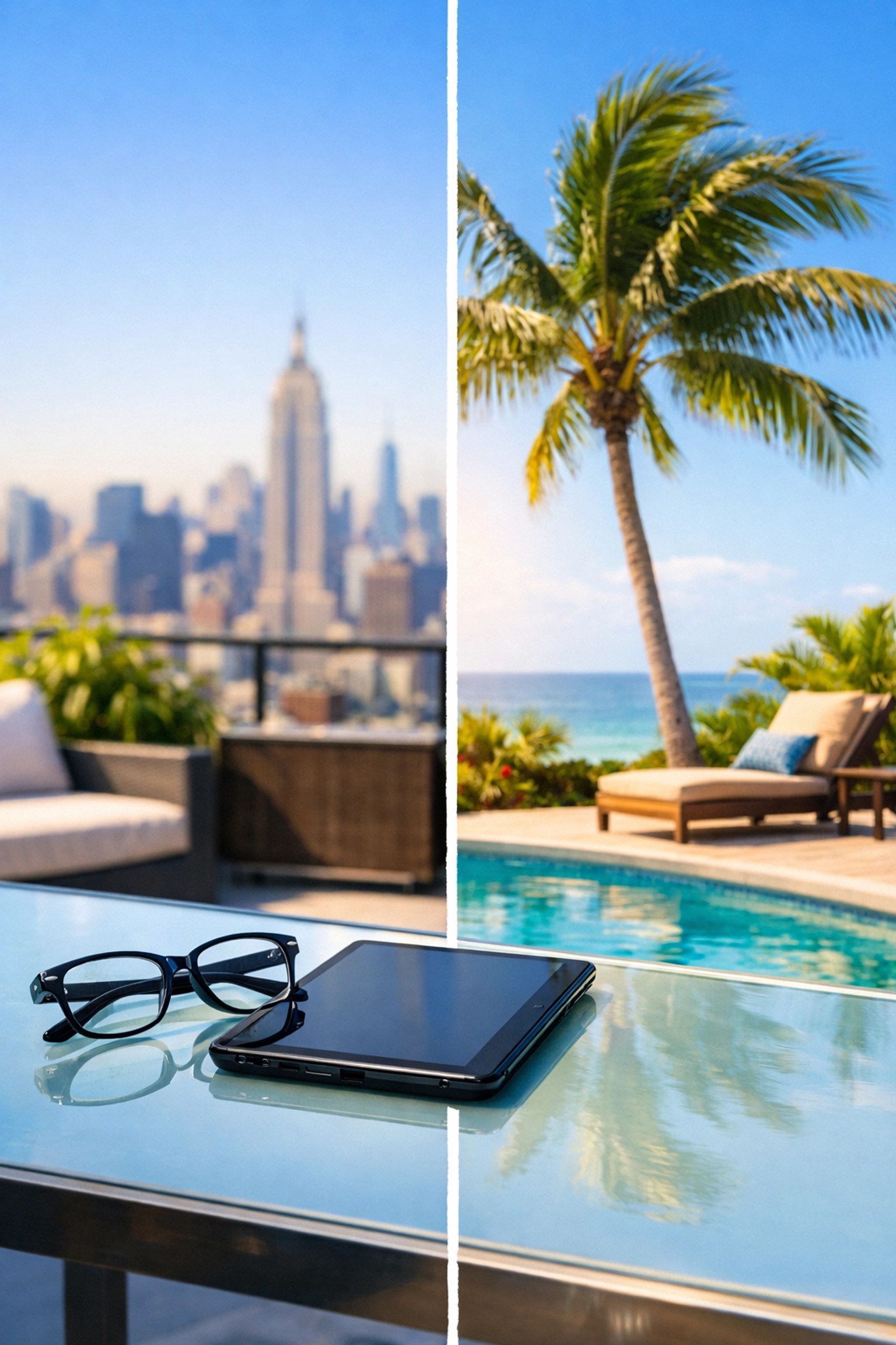 A split view of New York and Florida homes representing flexible Medicare coverage for retirees.