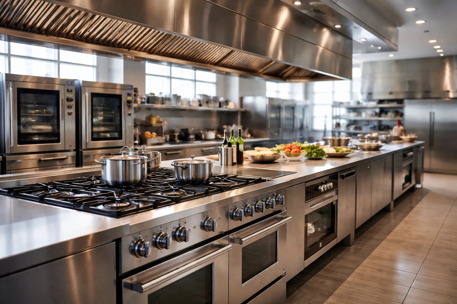 Modern commercial kitchen with stainless steel equipment, ideal for UK businesses using asset finance