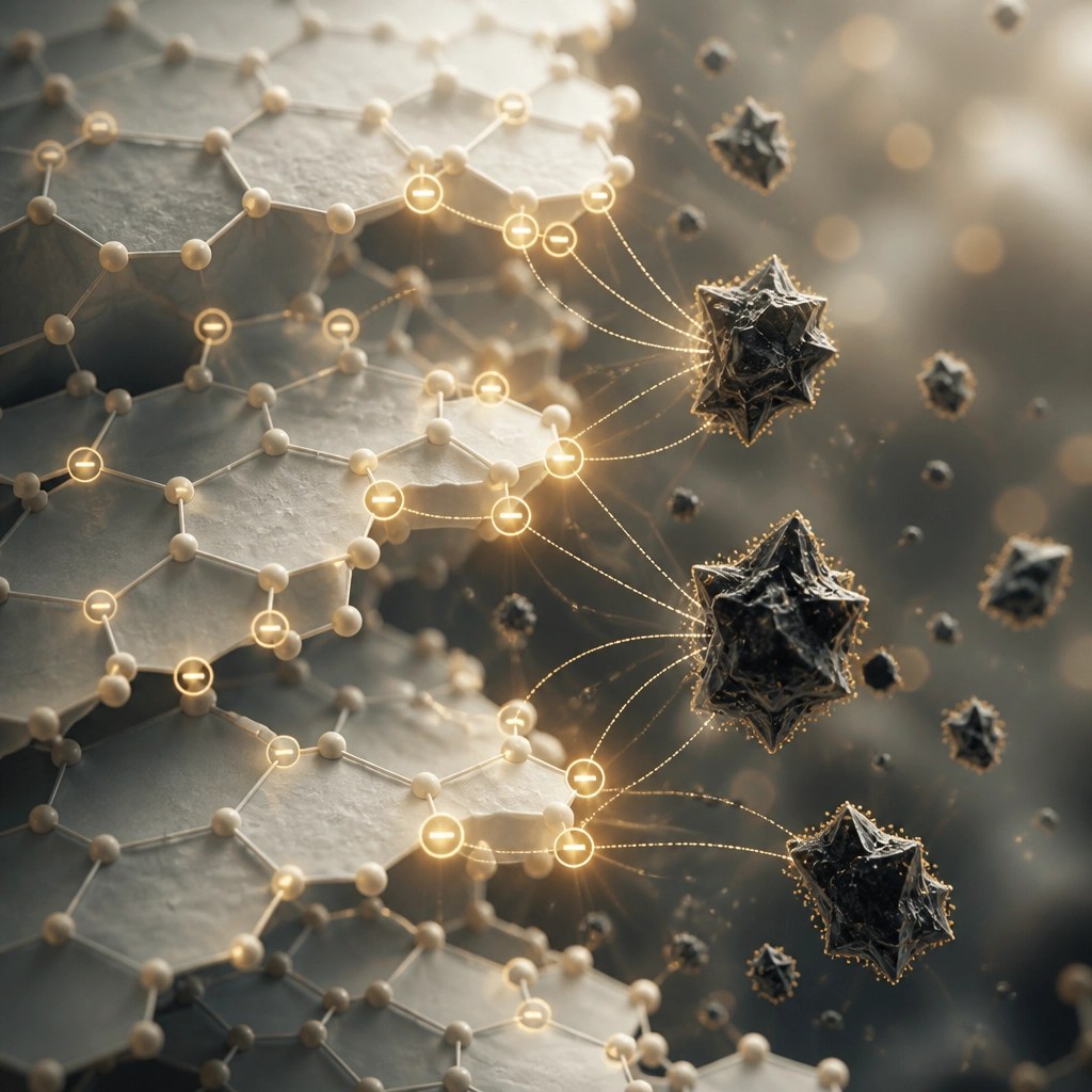 Abstract representation of clay particles binding toxins