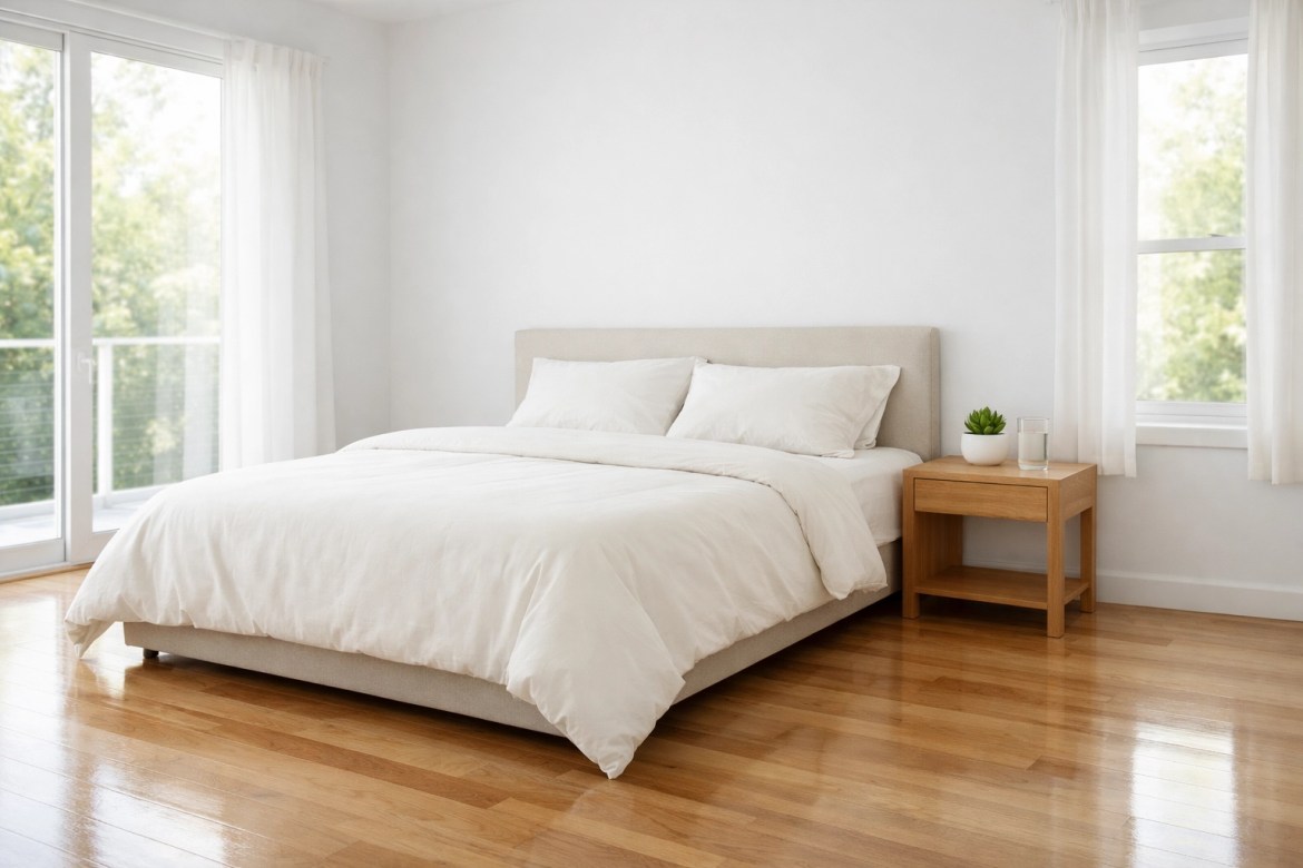Minimalist, clutter-free bedroom with natural light and neutral bedding for better sleep hygiene.