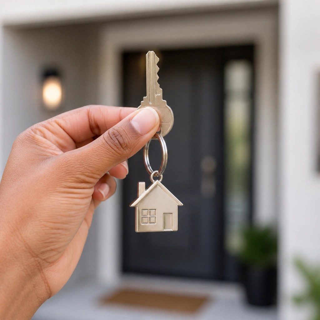 A close-up shot of house keys with a house-shaped keychain, symbolizing successful homeownership