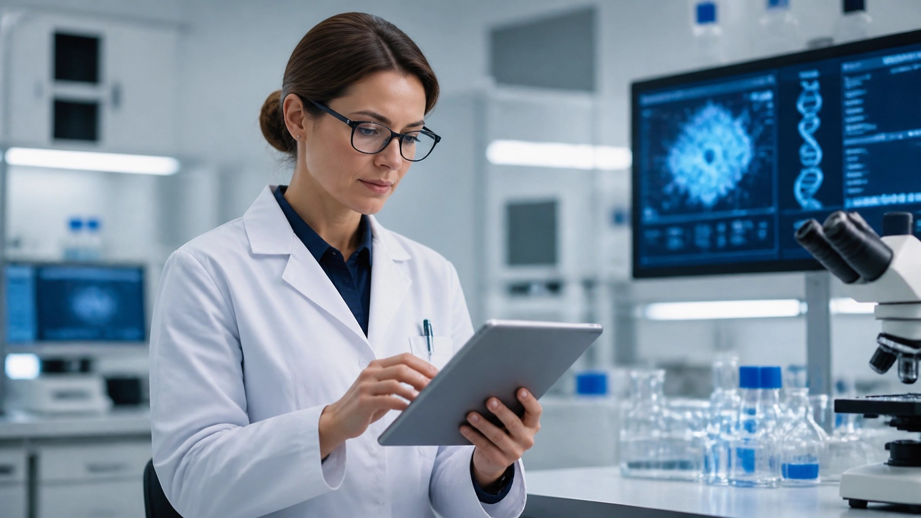 Researcher analyzing digital data in a high-tech lab