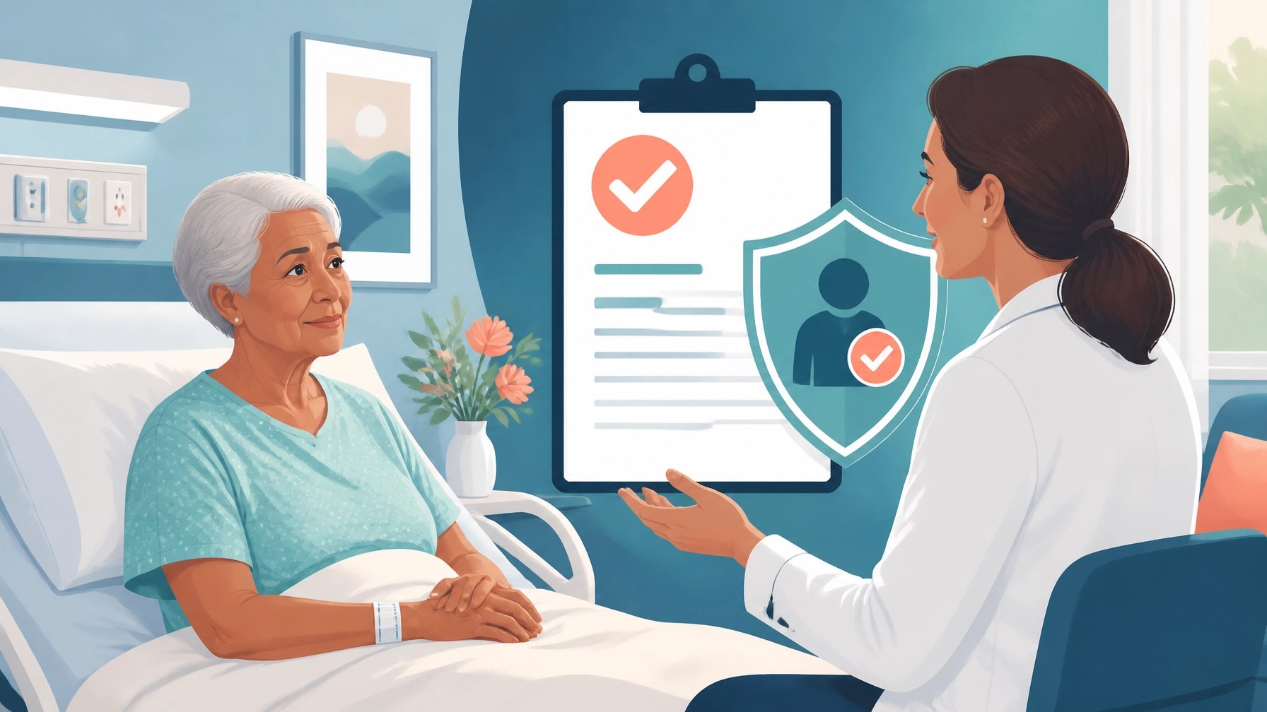 Older patient discussing hospital coverage with a clinician, with a protective shield symbol representing Medicare appeal rights