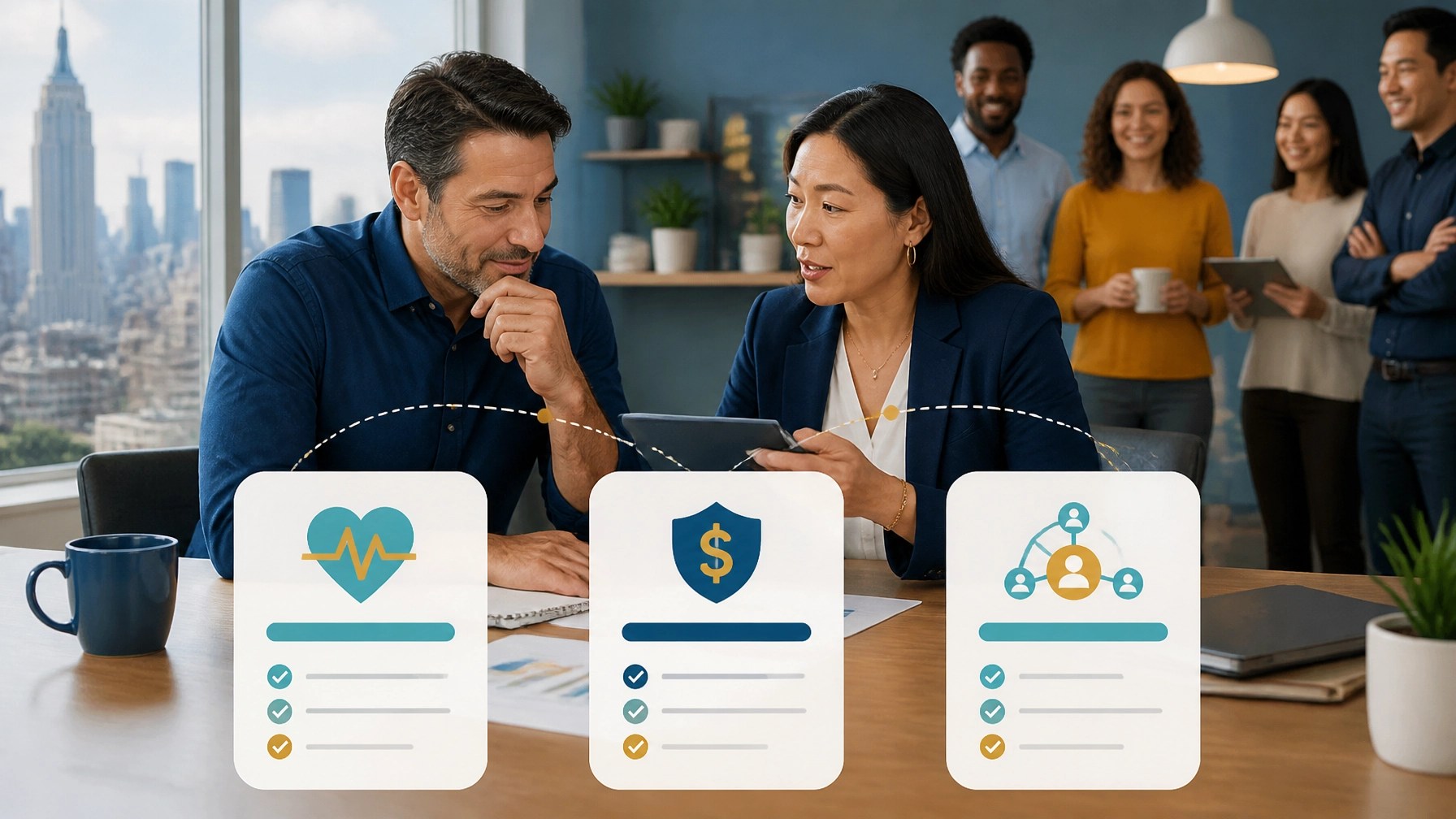 New York business owner comparing premiums, deductibles, and provider networks with an insurance advisor