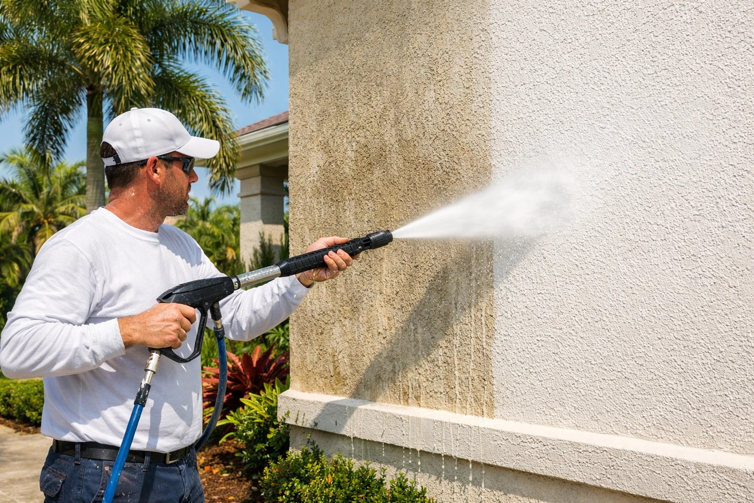 Professional pressure washing Port St. Lucie home exterior before painting