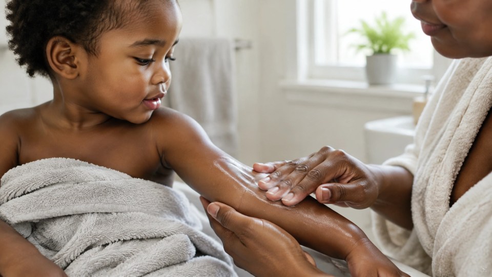 Eczema on Black skin: A caregiver smooths moisturizer onto a Black toddler’s arm after bath time.