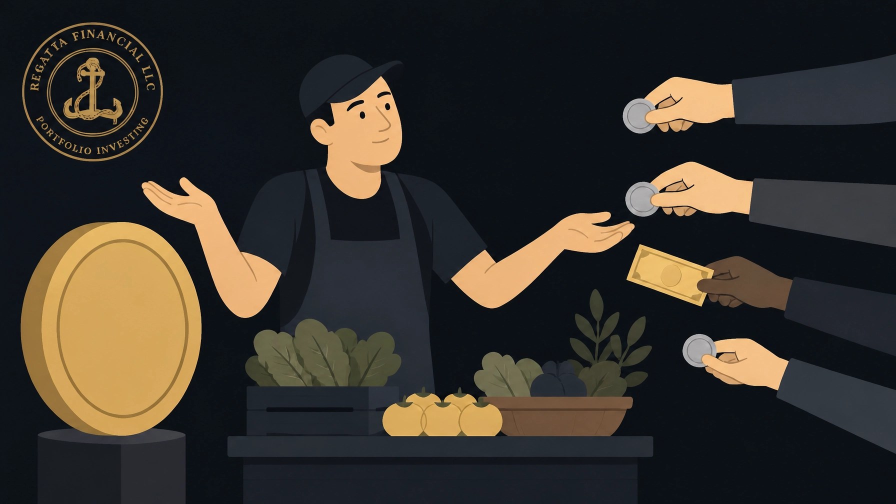 Merchant at a farm stand shrugging at a large gold coin while accepting small silver coins.