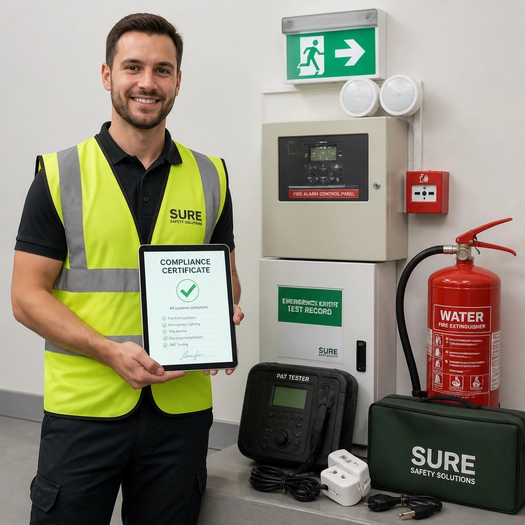A safety technician standing with equipment and a digital tablet, representing the efficiency of bundled safety services.
