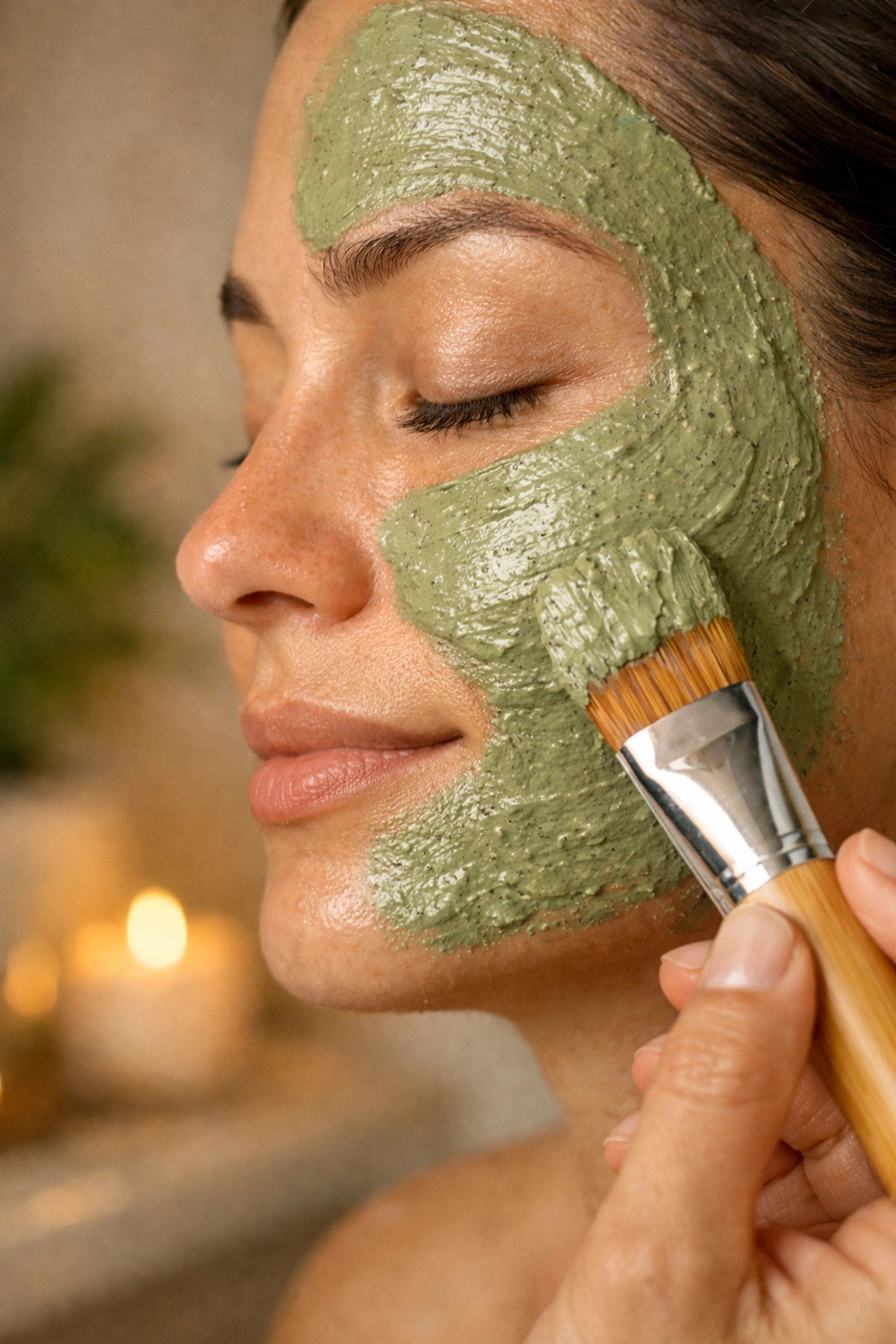 A relaxing skincare ritual showing the application of a French green clay detox mask.