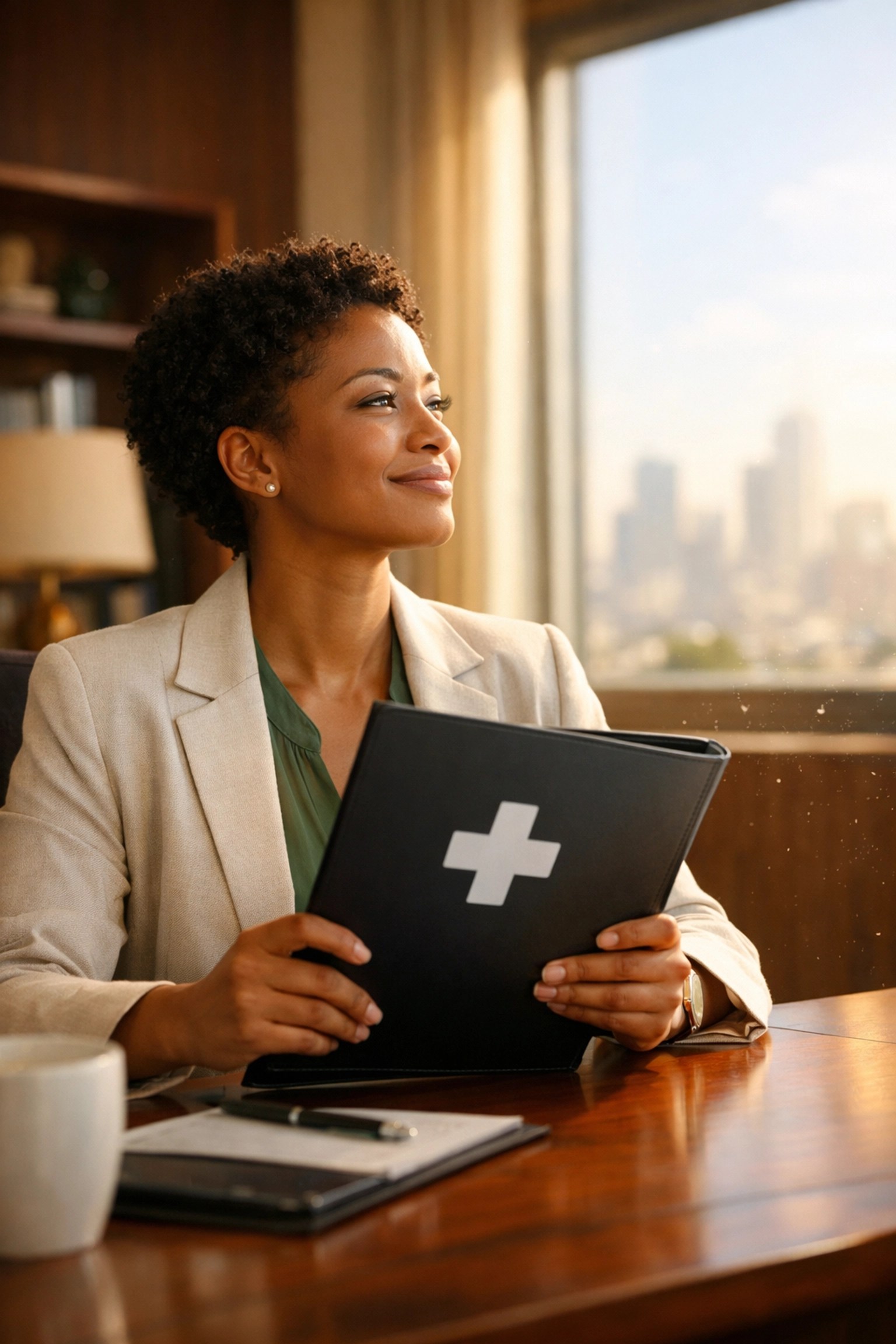 Job candidate reviewing group health insurance plan benefits at a desk with a sense of security.