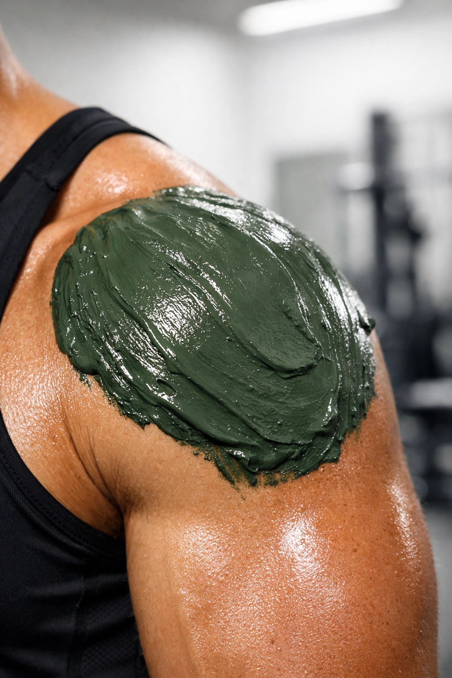 Applying Clayer #1 green healing clay to an athlete's shoulder for muscle recovery.
