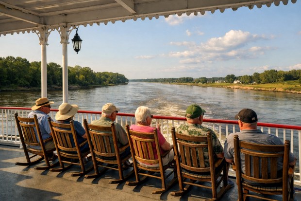 Wide shot of a riverboat sundeck with rocking chairs and passengers watching the Mississippi riverbanks