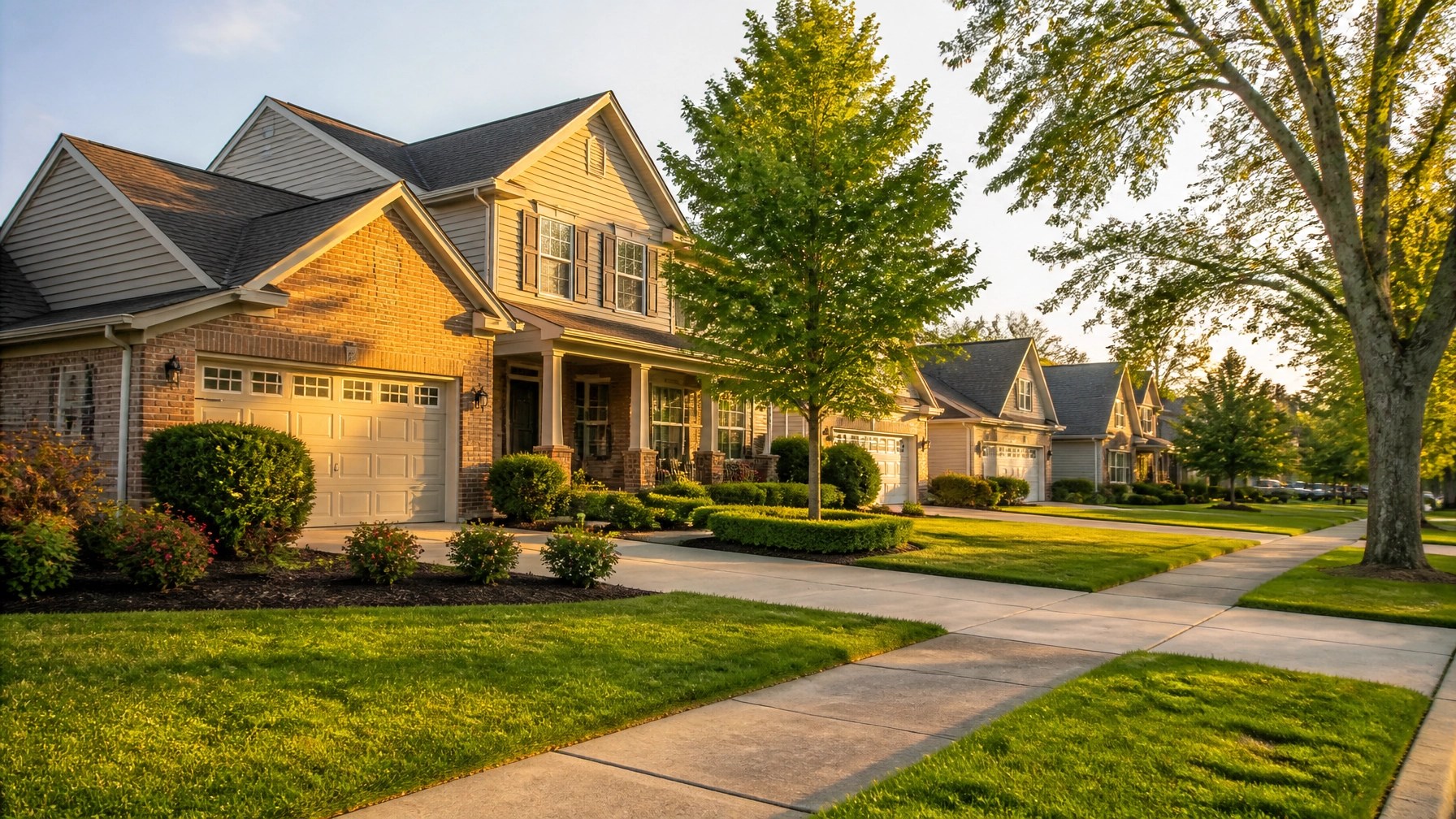 Charming suburban neighborhood in Miamisburg Ohio with manicured lawns and mature trees