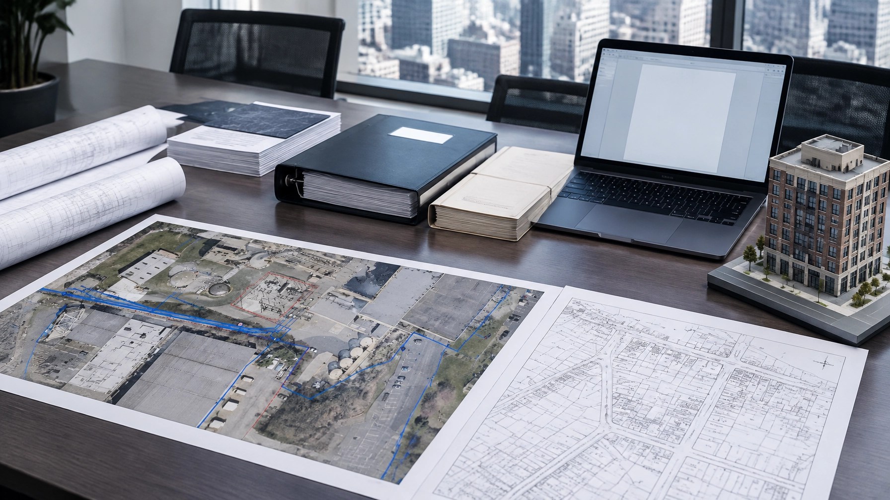 Organized NYC property compliance handoff file with site management plans, tax lot maps, title records, and building plans