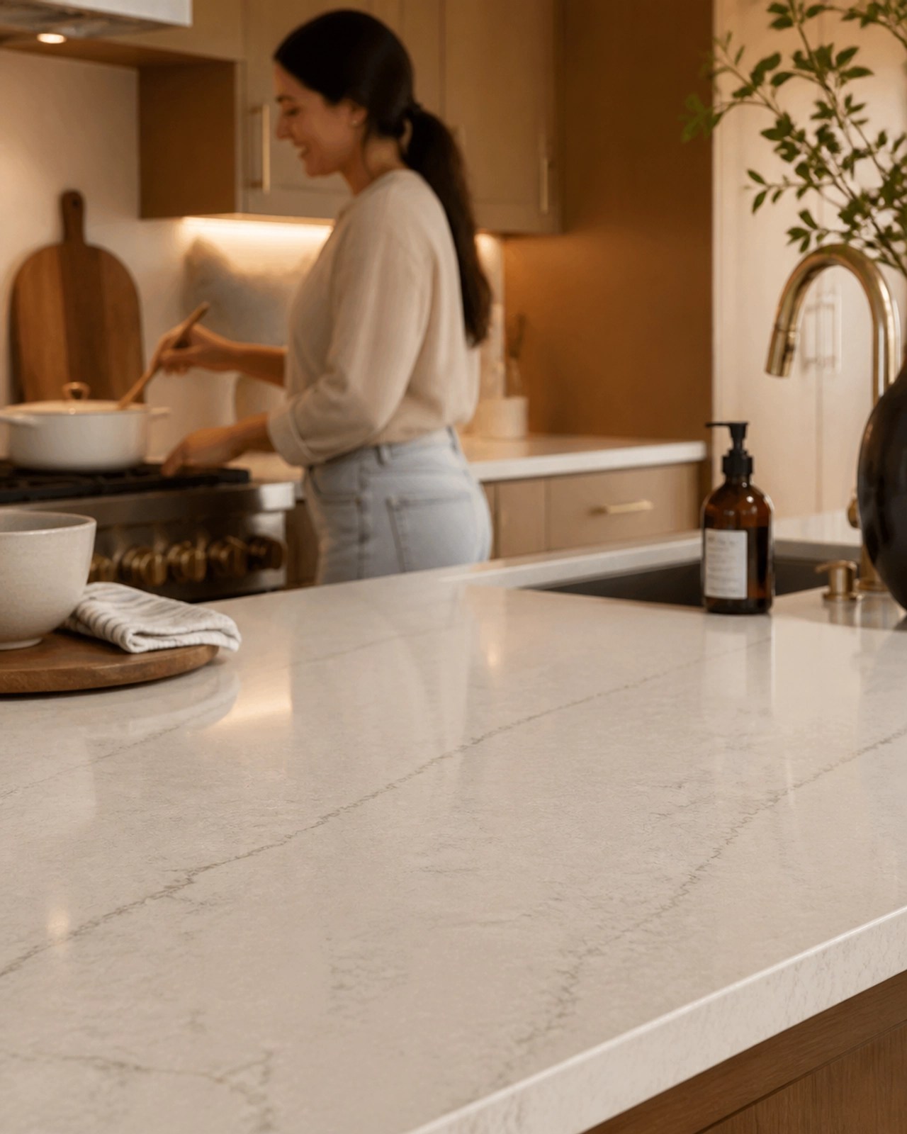 Close-up of a modern kitchen island with quartz countertops and a homeowner preparing a meal.