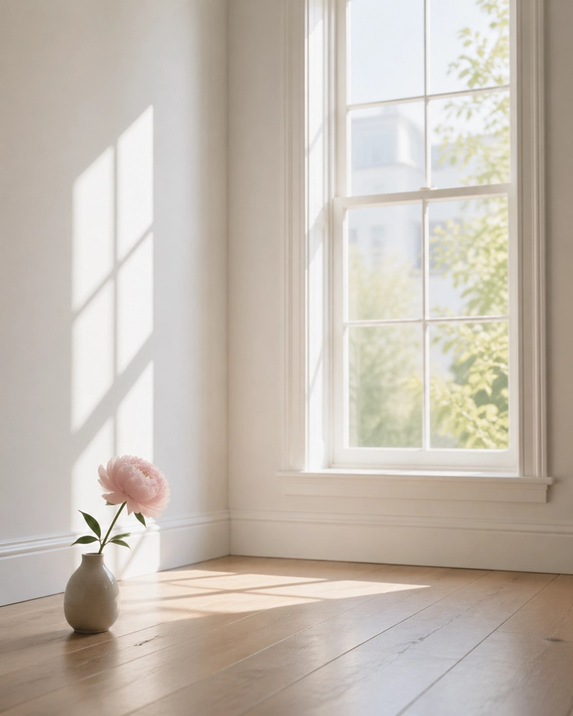 Morning light in a white room with a pink peony, symbolizing bringing hurt into the light of God's presence.