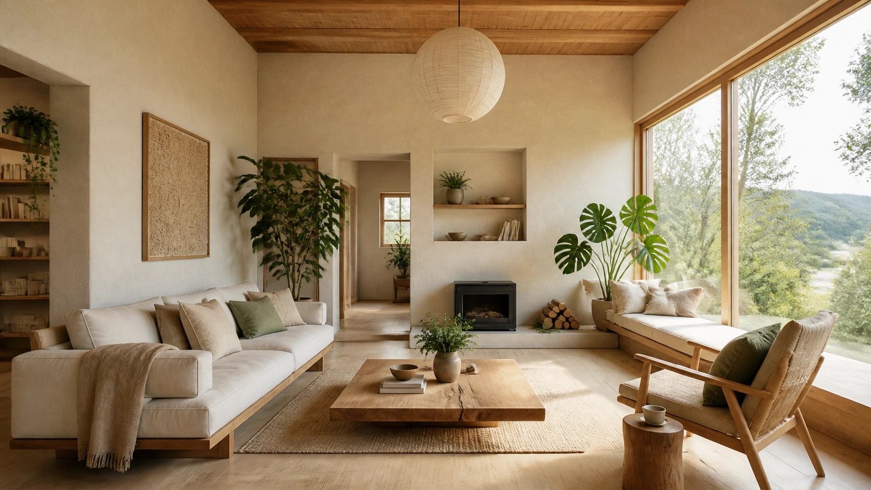 An interior view of a contemporary living room with soft, matte hempcrete walls and natural light