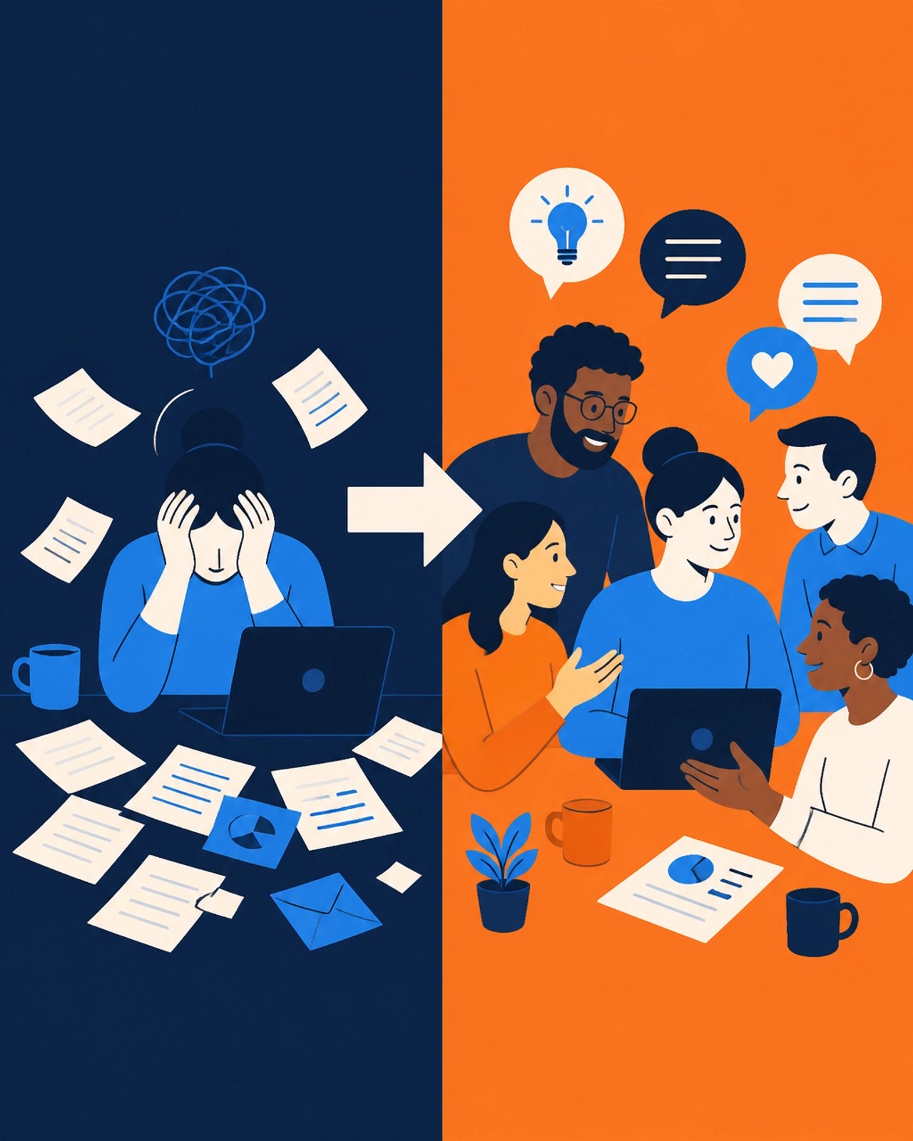 A figure moving from overwhelmed isolation in navy blue to supported community collaboration in orange