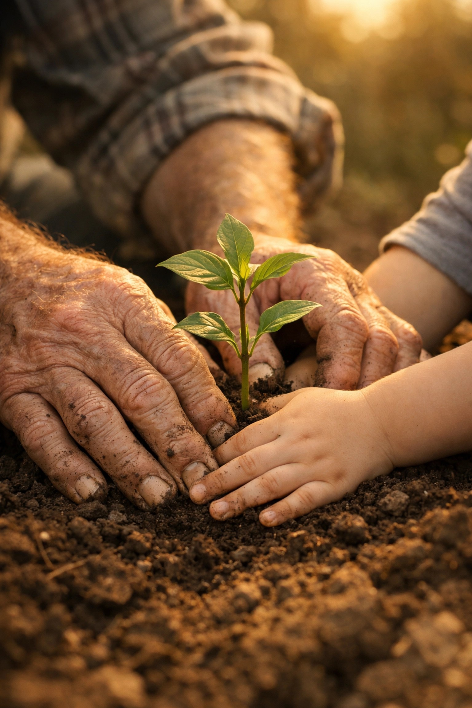 Grandfather and child planting a sapling representing long-term tax-free legacy planning.