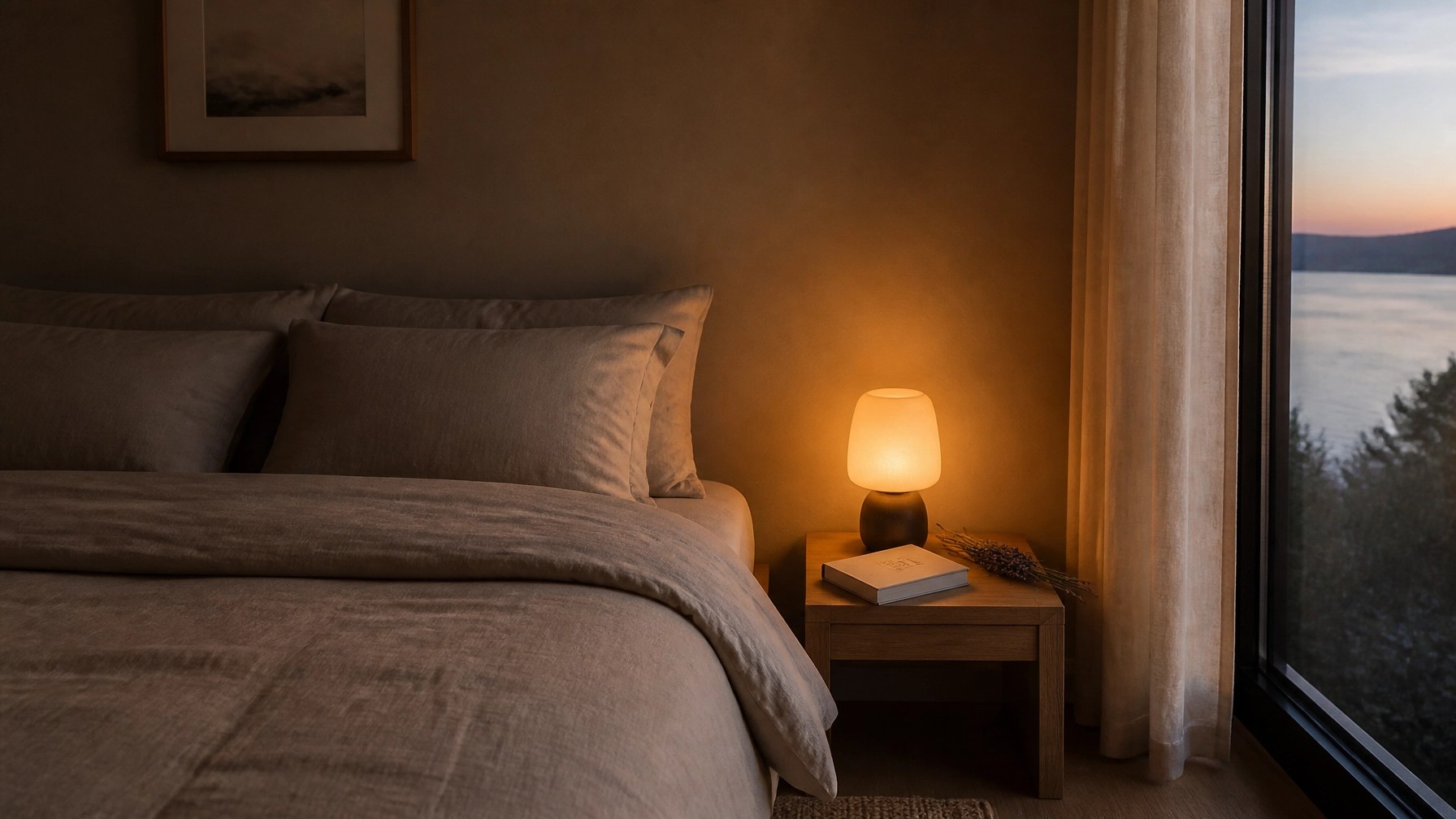 A serene minimalist bedroom at dusk with soft lighting and lavender