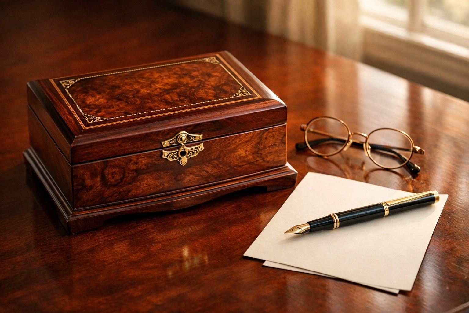 Wooden keepsake box and reading glasses on a desk symbolizing final expense insurance preparation.