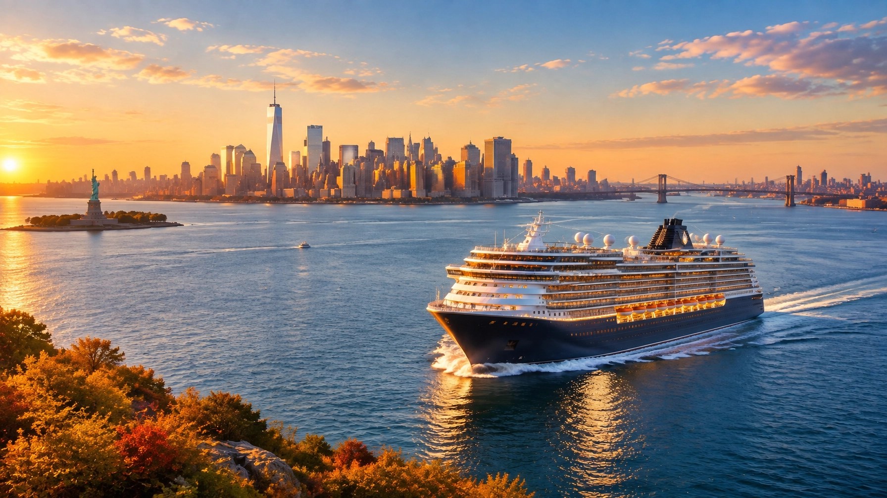 Luxury cruise ship leaving New York Harbor with skyline and autumn light