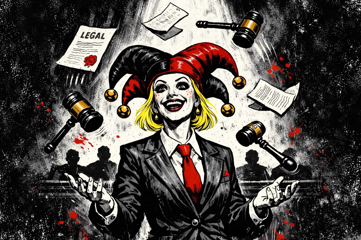 Attorney General Pam Bondi depicted as court jester juggling legal documents before shadowy tribunal