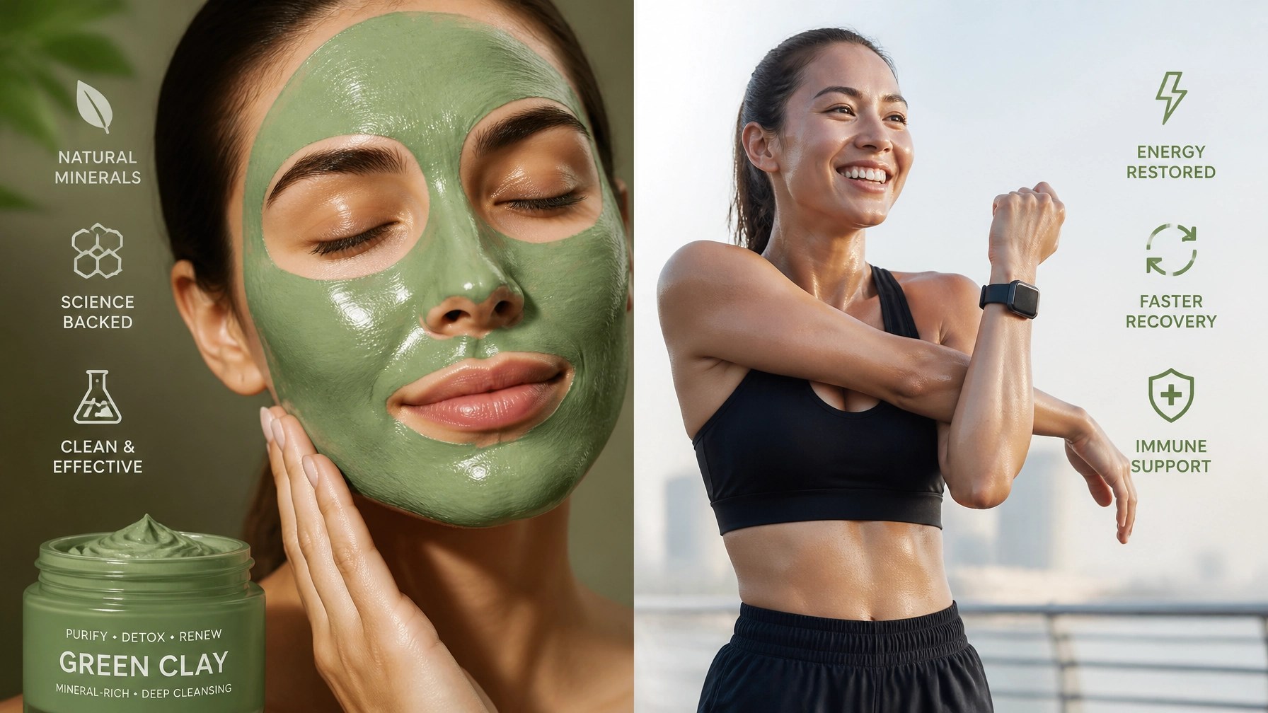 A split screen image showing smooth green clay and a refreshed athlete stretching