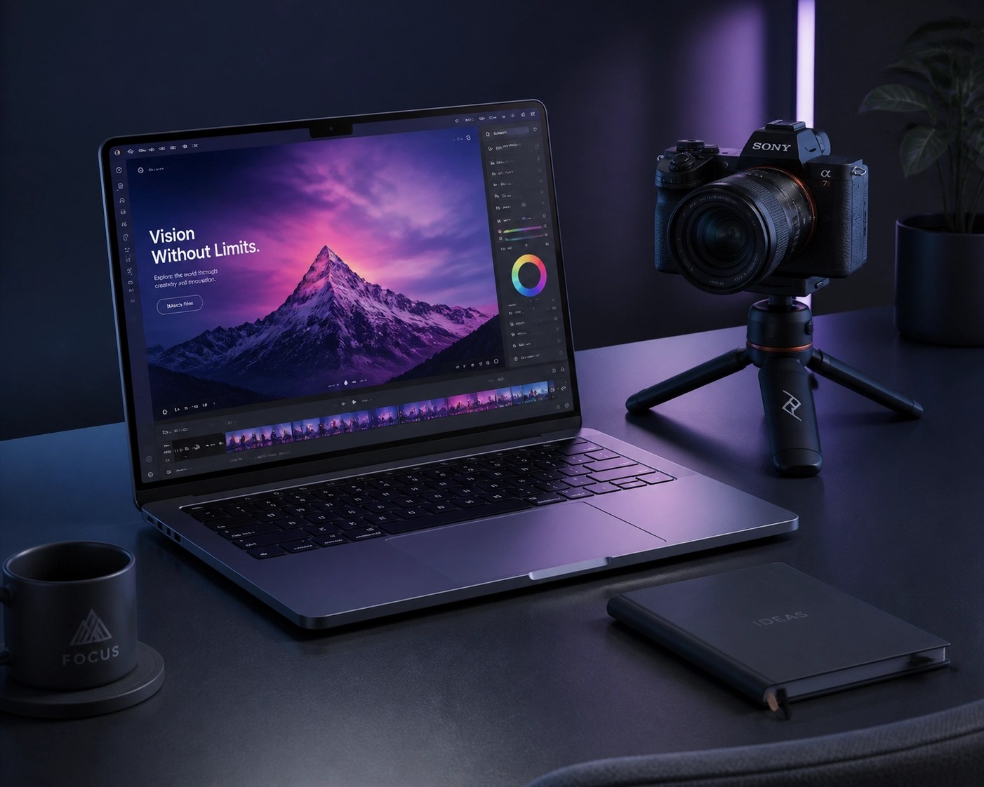 Professional creator setup with a premium laptop and mirrorless camera for high-quality product videos.