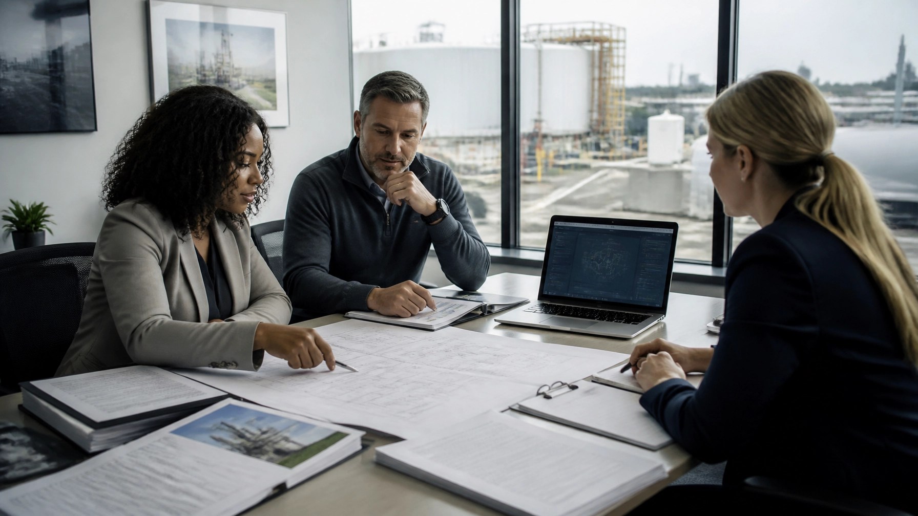 Environmental engineers reviewing facility emissions data and monitoring plans
