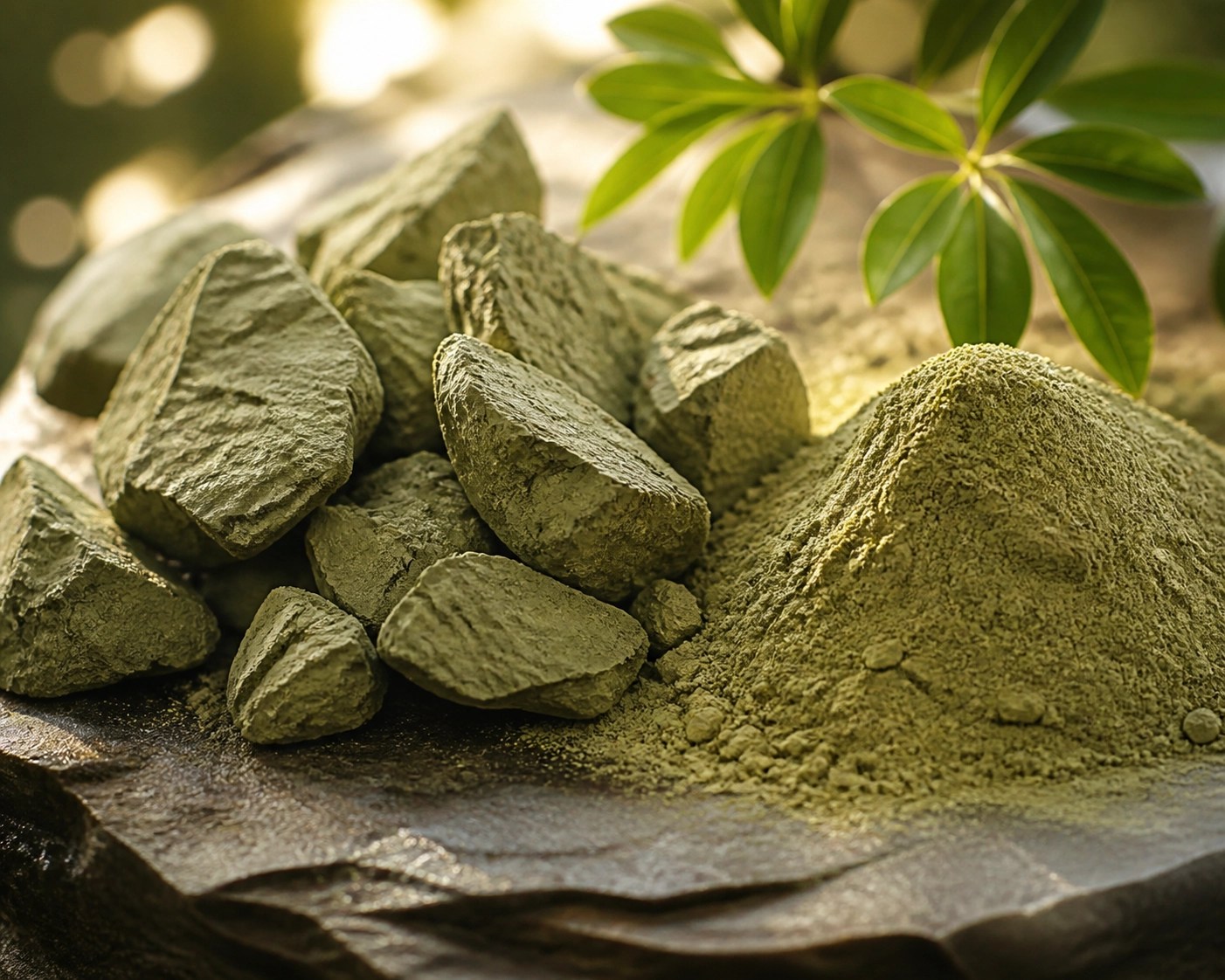 Raw mineral-rich French Green Clay chunks and fine powder used for bio-active skin detoxification.