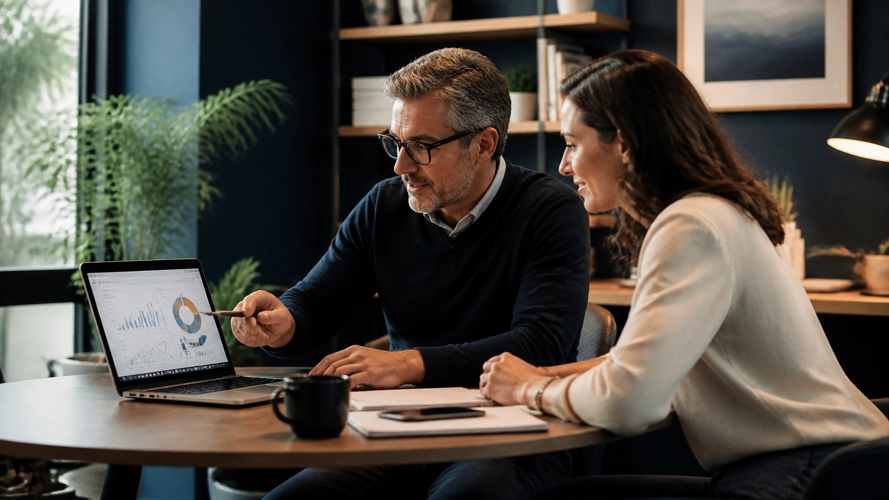 Business owner and advisor reviewing an existing performance dashboard in a clean office